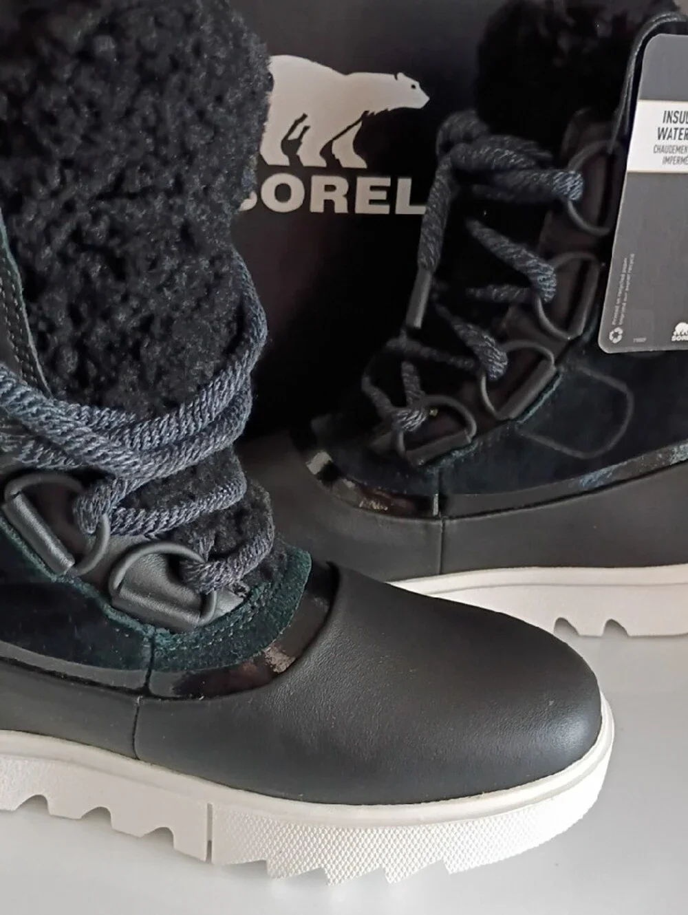 Sorel Black & White Waterproof Sherpa-Trim Lace-Up Winter Boots